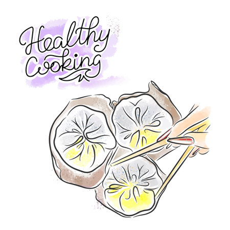 Healthy cuisine, inscription, khinkali, hand with chopsticks, Asian food illustration watercolor doodleのイラスト素材