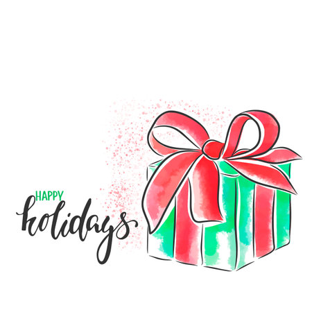 Holiday card with big gift, watercolor illustration, happy holidays, handwritten quote, postcard in doodle styleのイラスト素材