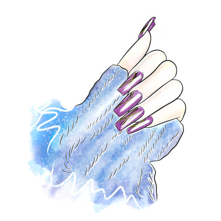 Fashion manicure, nail design, long nails, doodle style watercolor illustrationのイラスト素材