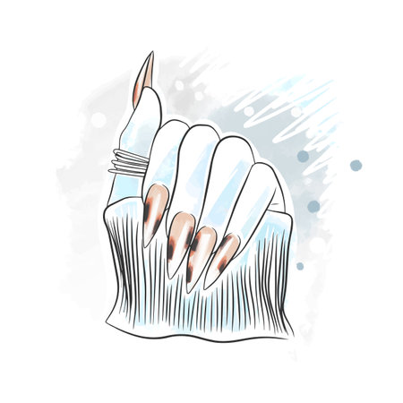 Leopard print nail design, manicure, doodle style watercolor illustrationのイラスト素材