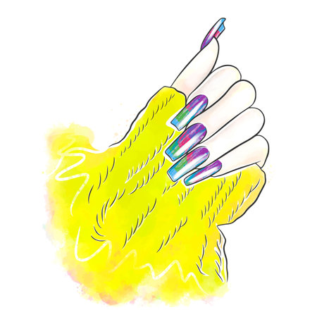 Bright and stylish nail design, manicure, long nails, doodle style trendy vector illustrationのイラスト素材