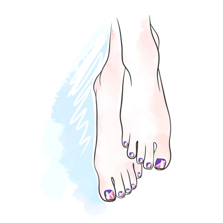 Geometric design of toenails in purple, pedicure on a watercolor background, beauty salon, doodleのイラスト素材