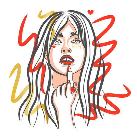 A girl with long hair paints her lips with red lipstick, advertising concept, fashionのイラスト素材