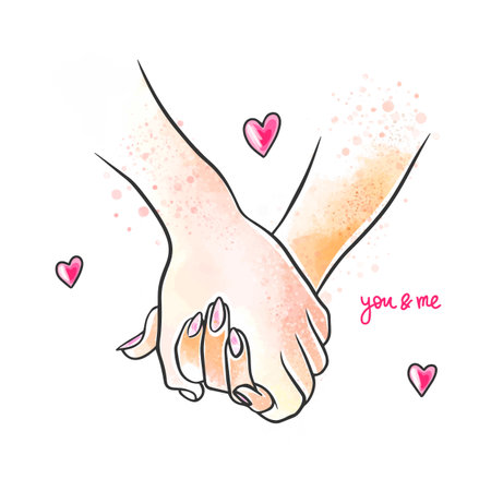 Watercolor hands of lovers, a female hand with a gentle manicure holds a male hand, handwritten inscriptions, you and me, postcard on a white backgroundのイラスト素材