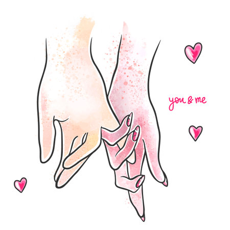 A female hand with long nails holds a male hand, watercolor hands of lovers, handwritten lettering, you and me, postcard on a white backgroundのイラスト素材