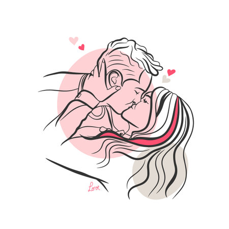 Vector illustration of a couple in love, passionate kiss, warm feelings, hand lettering, love, doodleのイラスト素材