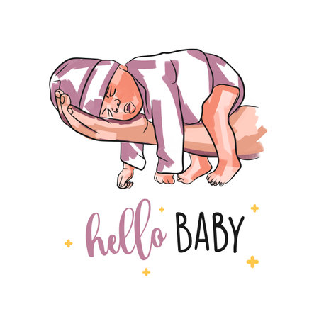 Beautiful card with falling asleep baby in hand, newborn in doodle style, Hello babyのイラスト素材