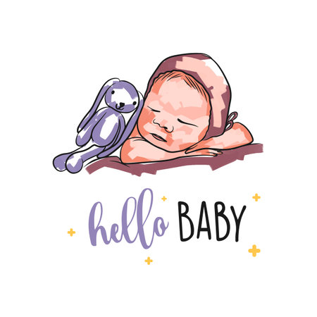 Stylish newborn baby with toy, hello baby, hand lettering, baby in doodle style, card on white backgroundのイラスト素材