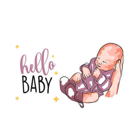Baby in hands on a card with the inscription, newborn, hello baby, in the style of doodleのイラスト素材