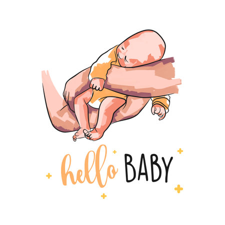 Newborn baby fell asleep in daddys arms, postcard with pastel strokes, hello babyのイラスト素材