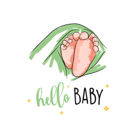 Baby feet of a newborn, postcard with bed strokes, hello baby, in doodle styleのイラスト素材