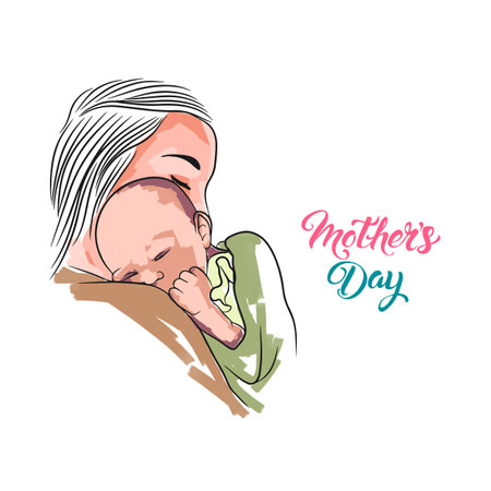 Mom and newborn baby fall asleep, mothers day, happy family, postcard for social networks on a white backgroundのイラスト素材