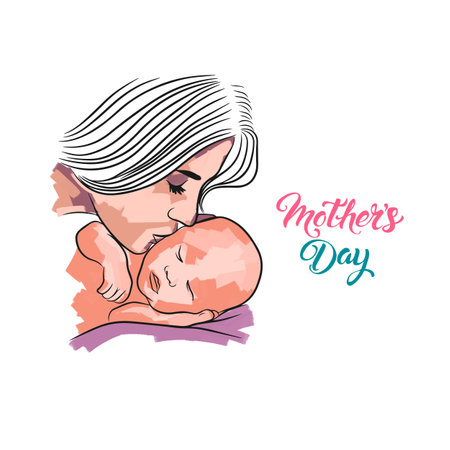 Happy family, mother with newborn baby, mothers day, postcard for social networks on a white backgroundのイラスト素材
