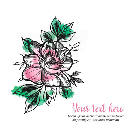 Doodle style graphic floral invitation, watercolor rose, greeting card isolated on white backgroundのイラスト素材