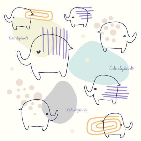 Cute geometric background, funny elephants, figures, childrens decorationのイラスト素材