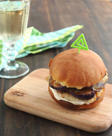 Sandwich with chicken, eggplant crisps and chipotle mayonnaise の写真素材