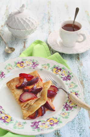 Pancakes with homemade fresh plum s confiture の写真素材
