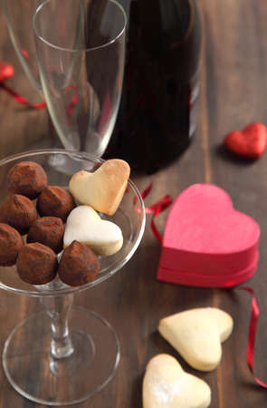 Heart shaped cookies and chocolate truffles for Valentines Day の写真素材