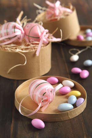 Easter eggs in the gift paper boxの写真素材