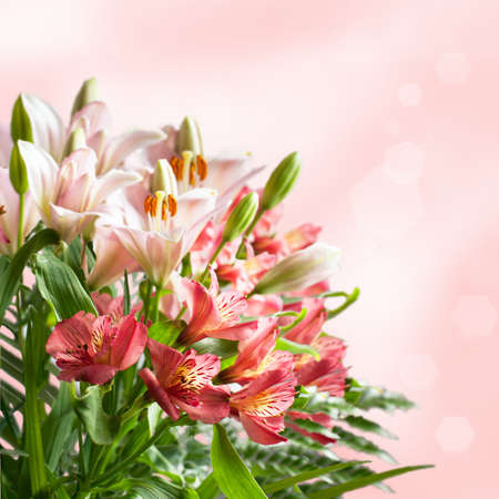 Bouquet of beautiful flowers with bokeh and copy spaceの写真素材