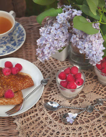 Breakfast at the garden with tea  Selective focusの写真素材