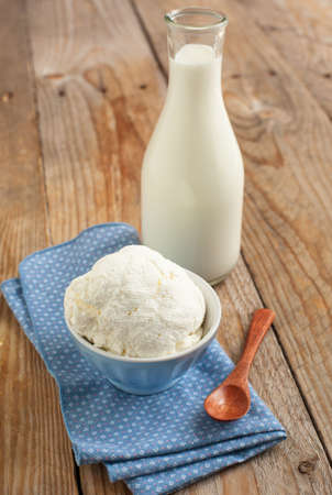 Fresh organic homemade cheese and milk  Selective focusの写真素材