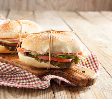 Sandwiches with mortadella and vegetablesの写真素材