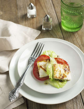 Fried Halloumi Cheese and tomato saladの写真素材