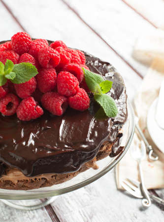 Chocolate cake woth fresh raspberriesの写真素材