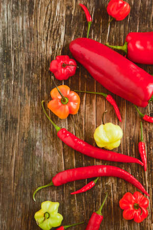 Colorful sweet peppers and hot chili peppers on wooden backgroundの写真素材