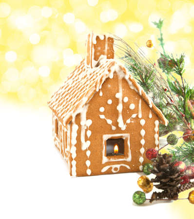 Gingerbread house with Christmas decoration isolated on white background  Selective focusの写真素材