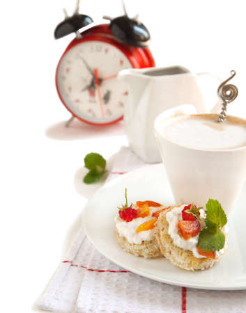Toast with cream cheese and fruits for breakfastの写真素材