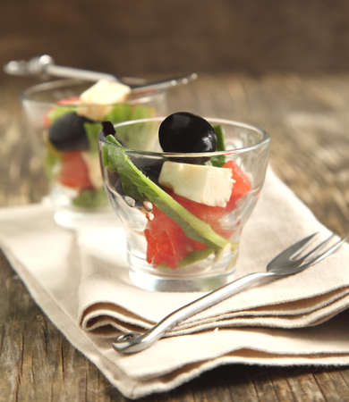 Watermelon salad with feta and olivesの写真素材