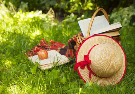 Picnic basket, books and straw hat lying on the grass の写真素材