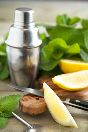 Fresh lemon and mint  Preparing a cocktail の写真素材