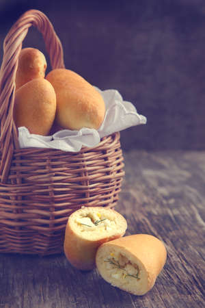 Rice and egg pies in basketの写真素材