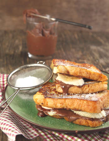 French Toast with Sliced Bananas and hazelnut chocolate spreadの写真素材