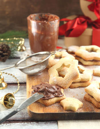Christmas cookies with chocolate creamの写真素材