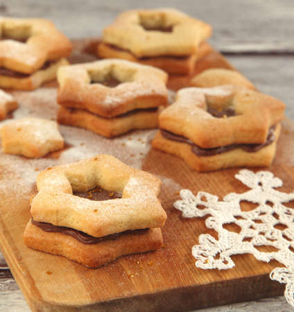 Christmas cookies with chocolate creamの写真素材
