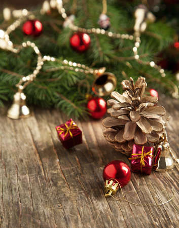 Christmas decoration on a wooden backgroundの写真素材
