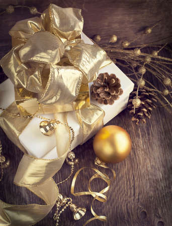 Christmas card with gifts and Christmas ornamentsの写真素材