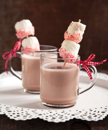 Hot chocolate with peppermint candies coated marshmallowsの写真素材