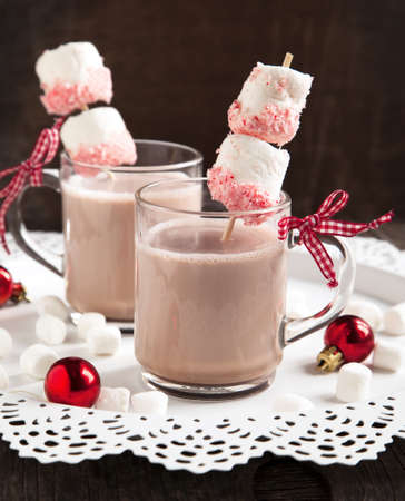 Hot chocolate with peppermint candies coated marshmallowsの写真素材