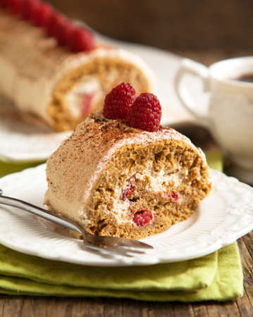 Coffee roll with raspberryの写真素材