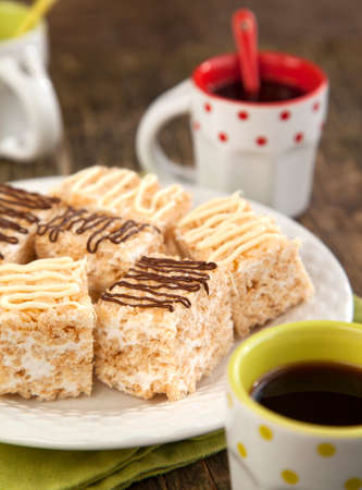 Homemade Marshmallow Rice Crispy Dessert Bar with chocolateの写真素材