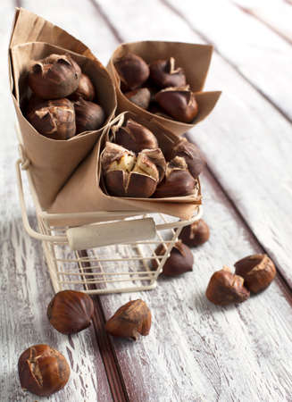 Roasted chestnuts in the paper coneの写真素材