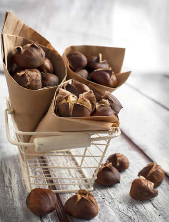 Roasted chestnuts in the paper coneの写真素材