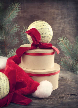 Vintage Christmas Composition with gift box and ornamentsの写真素材