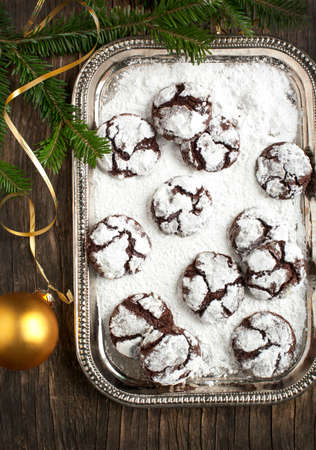Chocolate Crinkles  Chocolate cookies in powdered sugar の写真素材