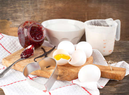 Preparing a dough batter for crepes or pancakes の写真素材